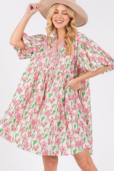 SAGE + FIG Floral Half Button Notched Puff Sleeve Dress Pink for a perfect OOTD – dress to impress outfits from Amexza