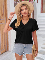 Double Take Ruched V-Neck Short Sleeve T-Shirt - Amexza
