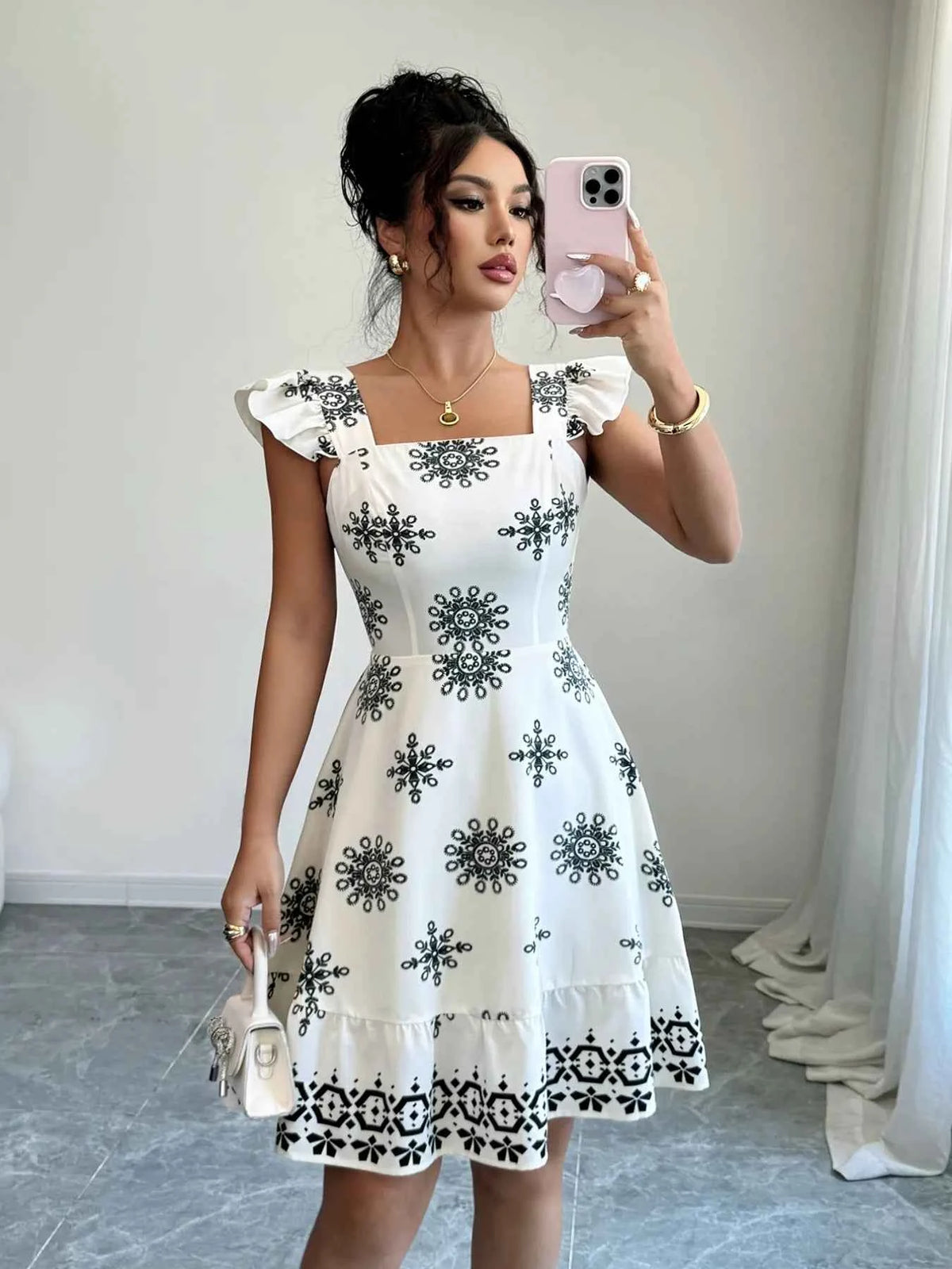 Printed Ruffled Cap Sleeve Dress