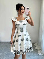 Printed Ruffled Cap Sleeve Dress