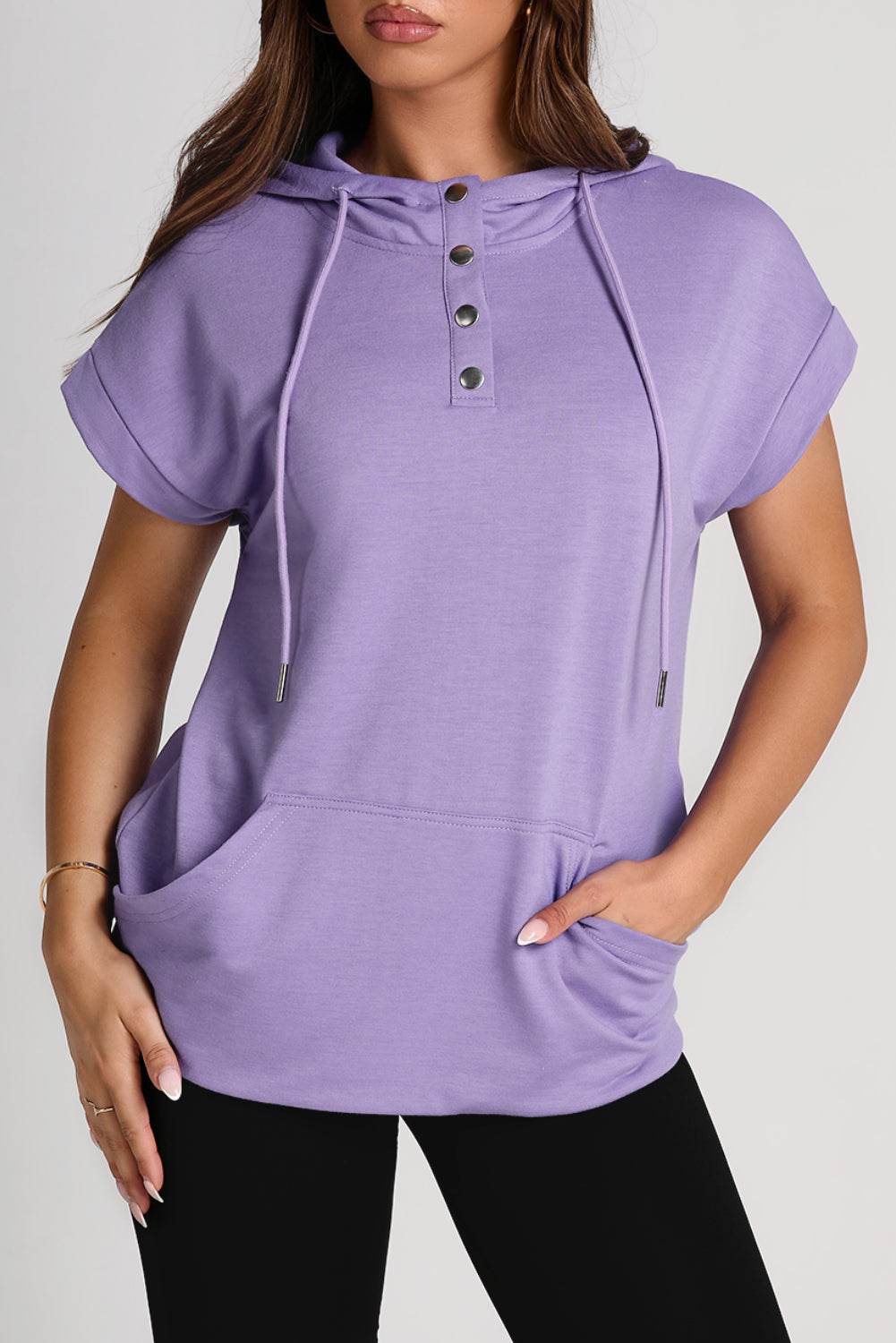 Drawstring Quarter Snap Cap Sleeve Hoodie for a perfect OOTD – dress to impress outfits from Amexza