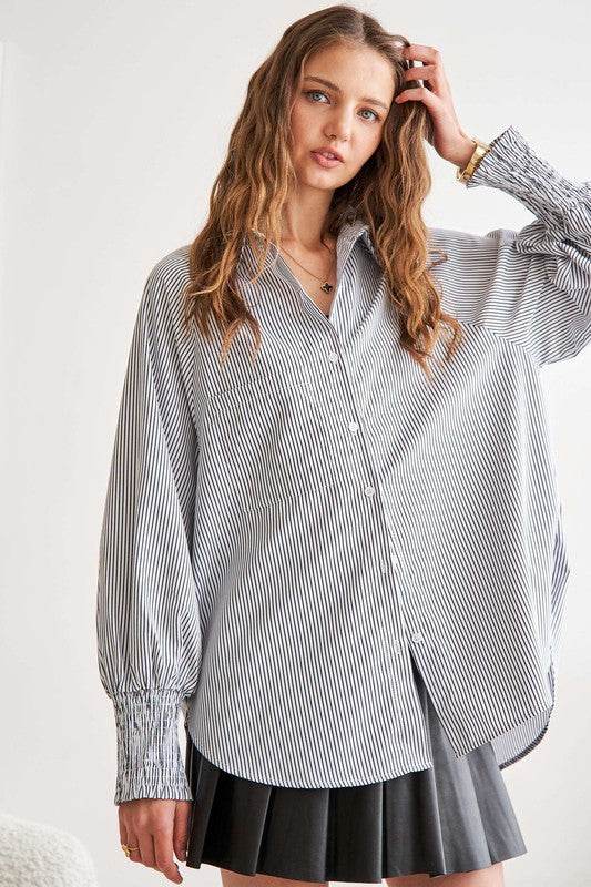 ADORA High-Low Striped Button Down Smocked Lantern Sleeve Shirt - Amexza