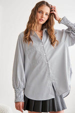 ADORA High-Low Striped Button Down Smocked Lantern Sleeve Shirt - Amexza