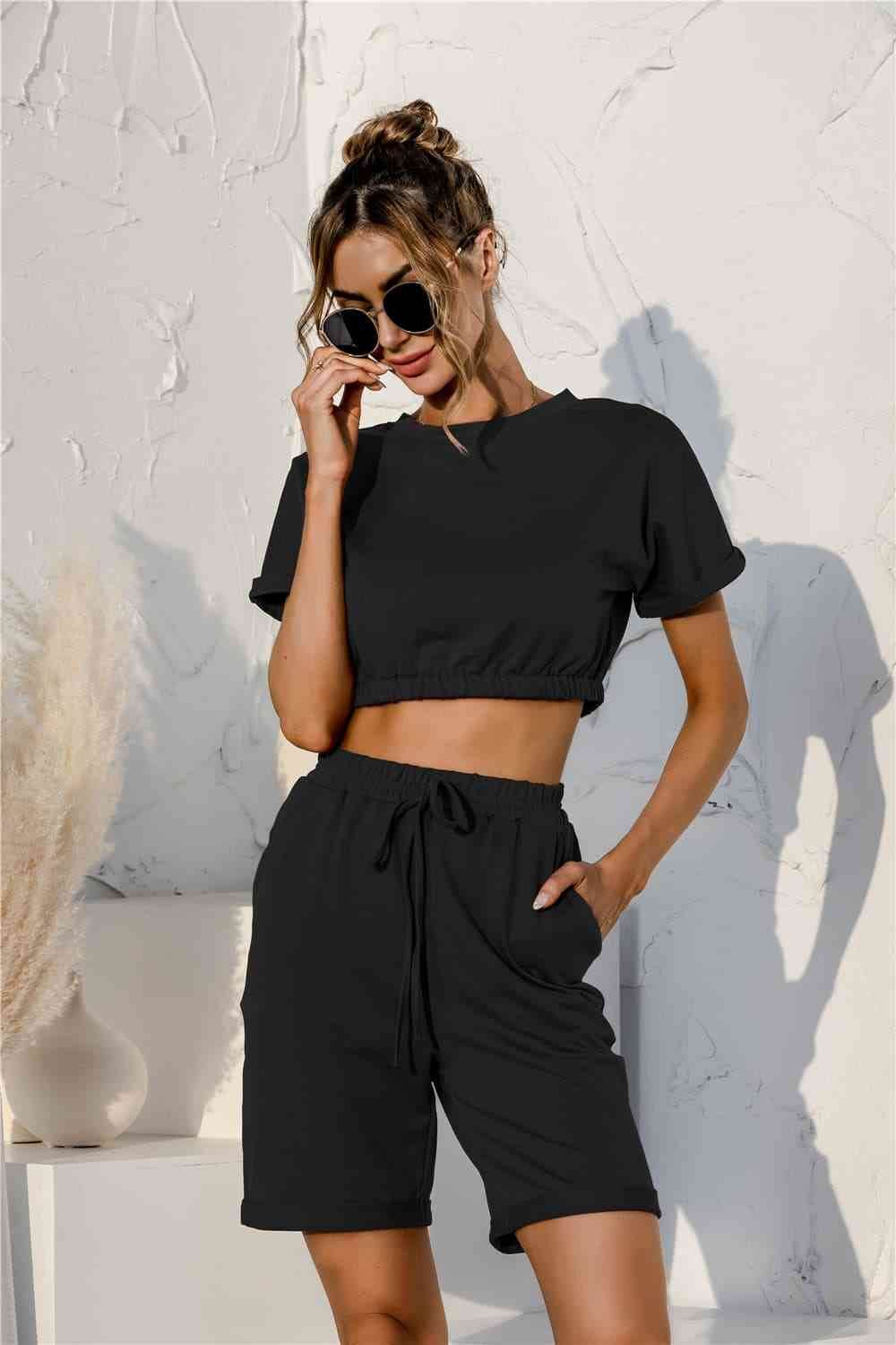 Short Sleeve Cropped Top and Drawstring Shorts Lounge Set for a perfect OOTD – dress to impress outfits from Amexza