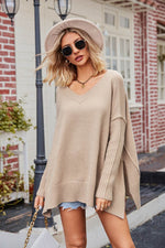 V-Neck Slit Exposed Seam Sweater for a perfect OOTD – dress to impress outfits from Amexza