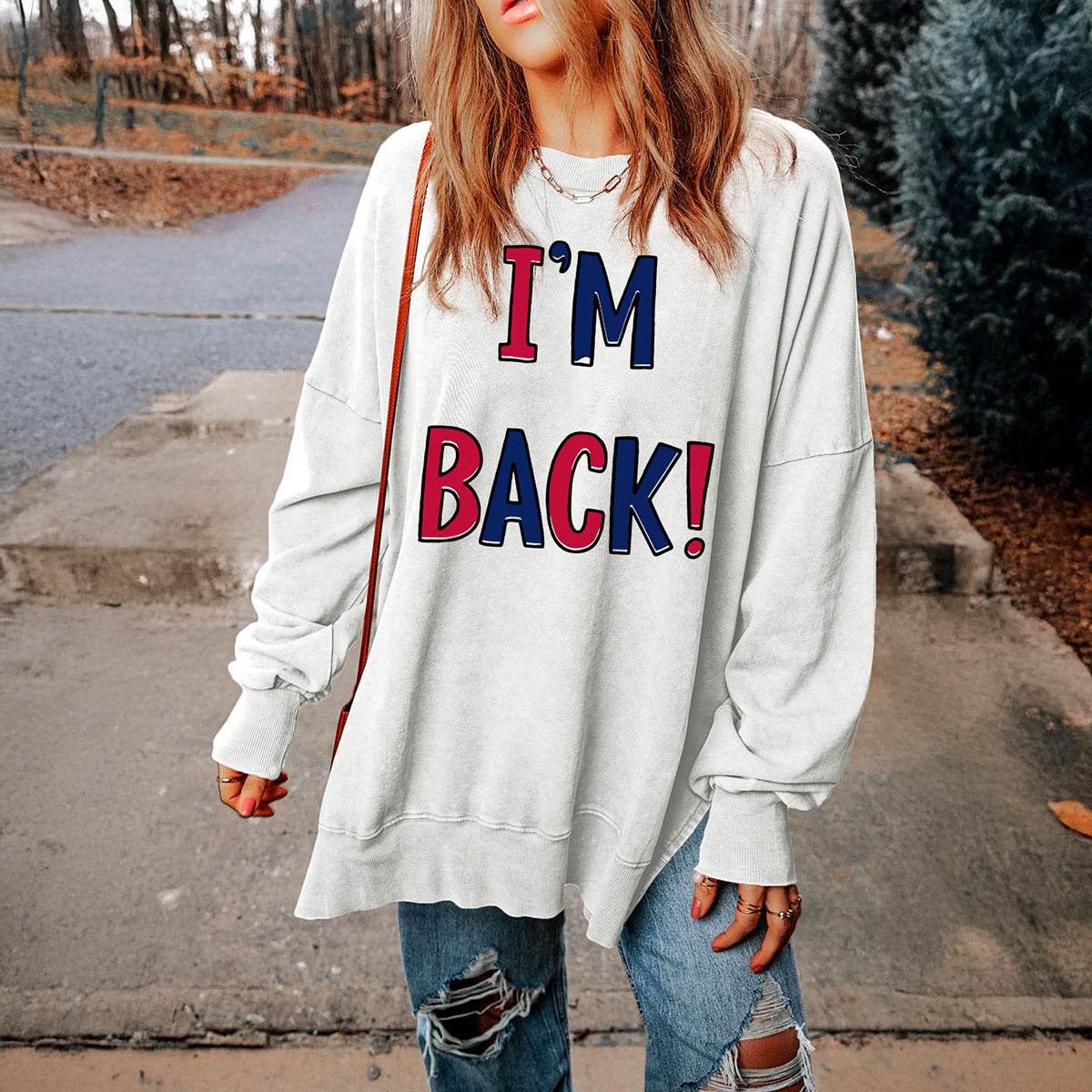 I'M BACK Slit Round Neck Long Sleeve Sweatshirt for a perfect OOTD – dress to impress outfits from Amexza