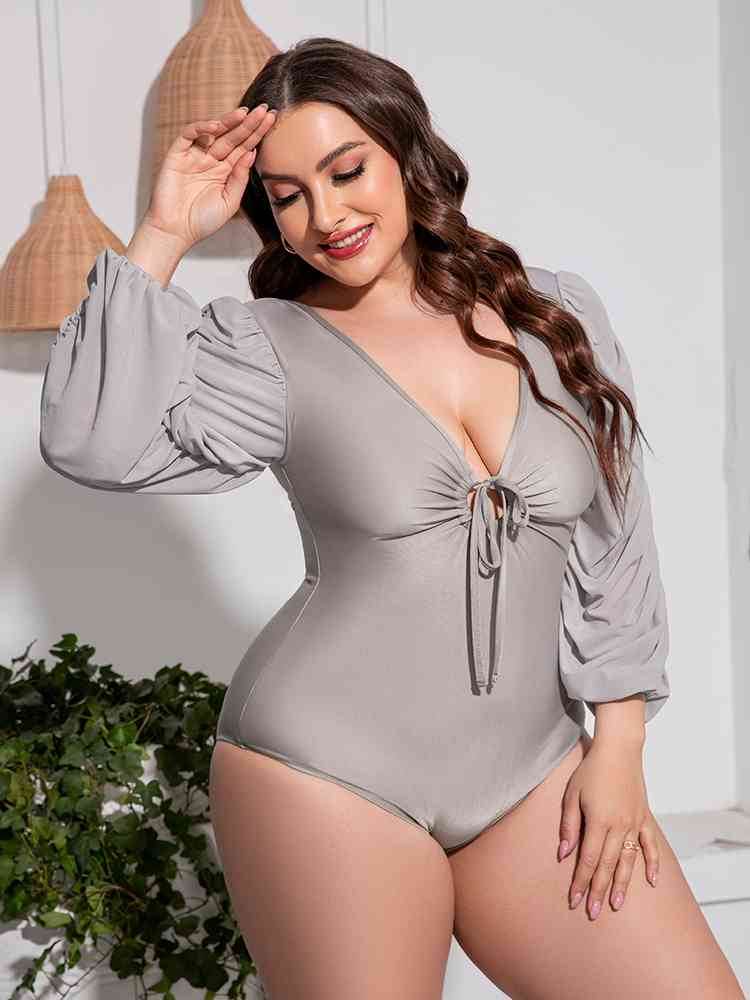 Plus Size Tied Deep V Balloon Sleeve One-Piece Swimsuit for a perfect OOTD – dress to impress outfits from Amexza