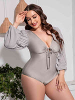 Plus Size Tied Deep V Balloon Sleeve One-Piece Swimsuit for a perfect OOTD – dress to impress outfits from Amexza