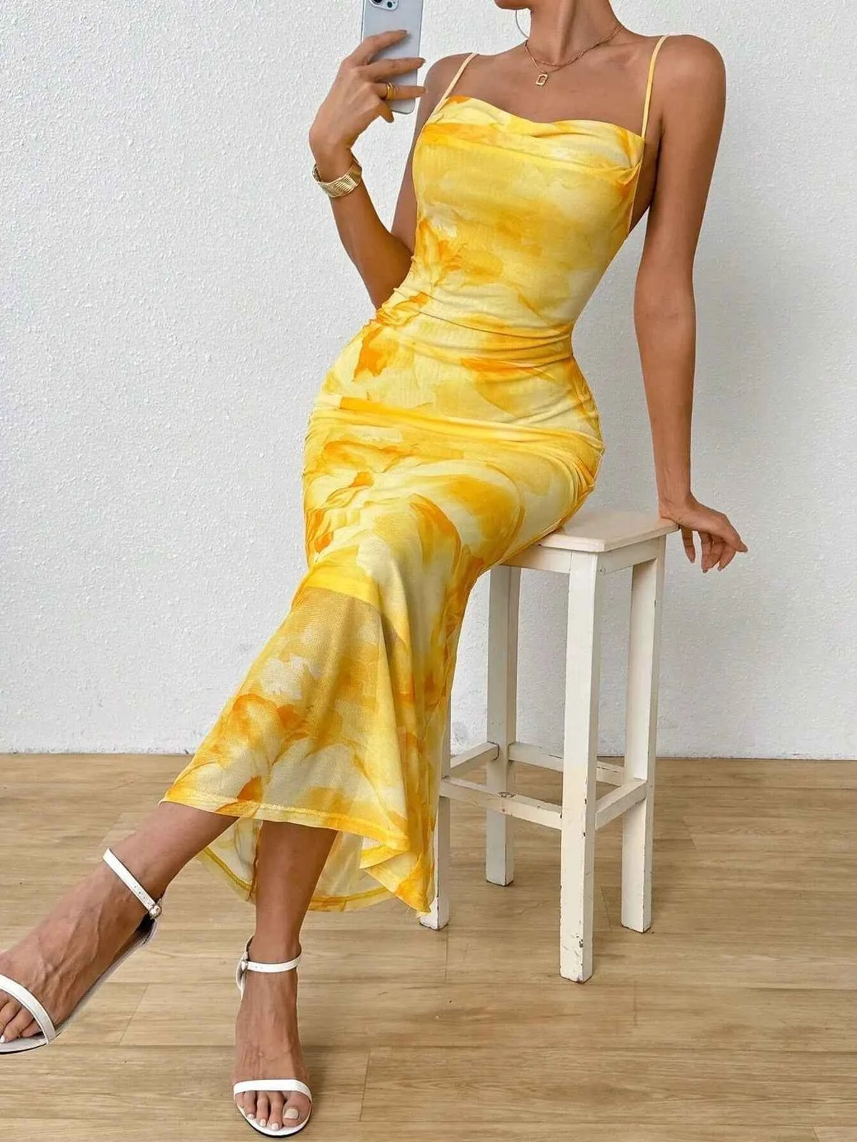 Tie-Dye Ruched Bodycon Mesh Cami Maxi Dress