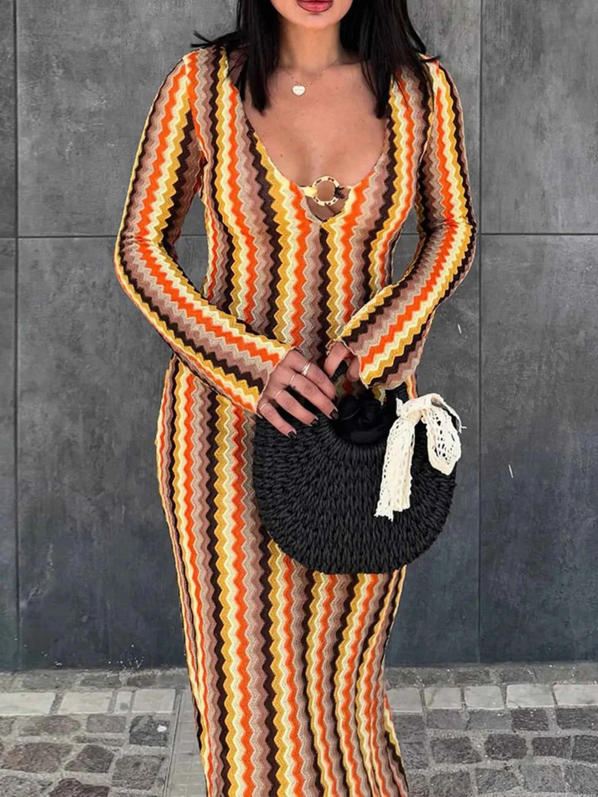 Contrast Striped Long Sleeve Maxi Dress