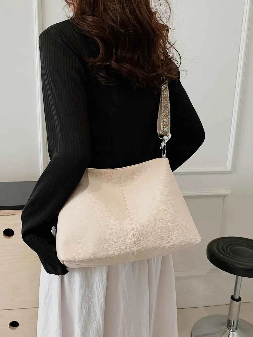 PU Leather Geometric Pattern Strap Shoulder Bag Ivory One Size for a perfect OOTD – dress to impress outfits from Amexza