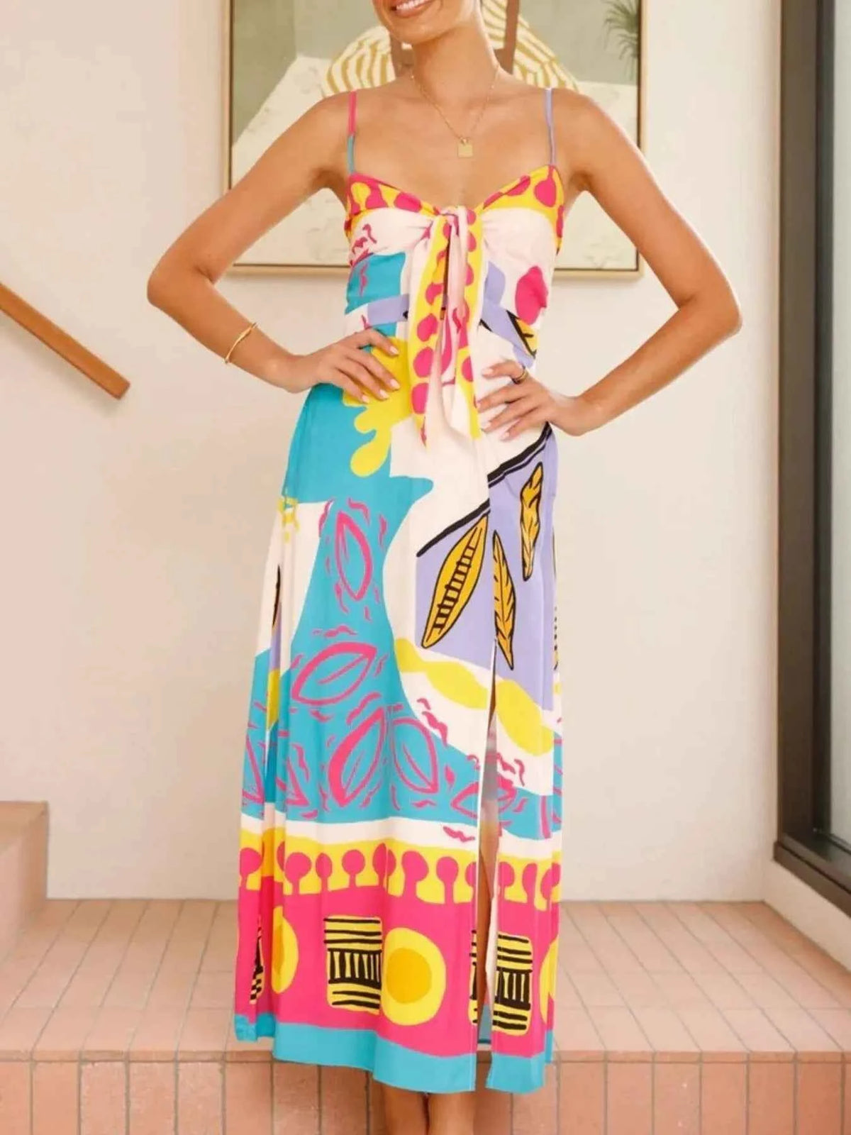Tied Front Printed Slit Maxi Cami Dress