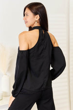 Perfee Grecian Cold Shoulder Long Sleeve Blouse - Amexza
