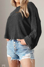 Round Neck Drop Shoulder Long Sleeve Top - Amexza