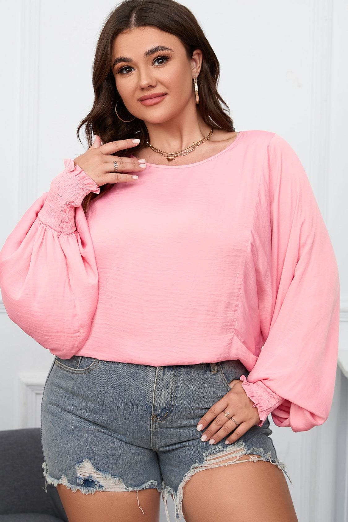 Plus Size Lantern Sleeve Dropped Shoulder Blouse - Amexza