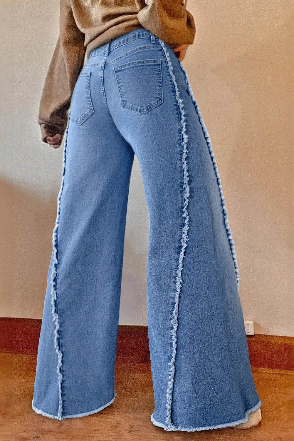 Raw Hem Wide Leg Jeans with Pockets - Amexza