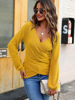 Waffle Knit Surplice Long Sleeve T-Shirt - Amexza