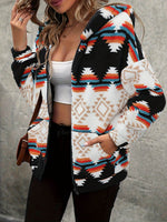 Geometric Zip Up Hooded Sherpa Jacket - Amexza