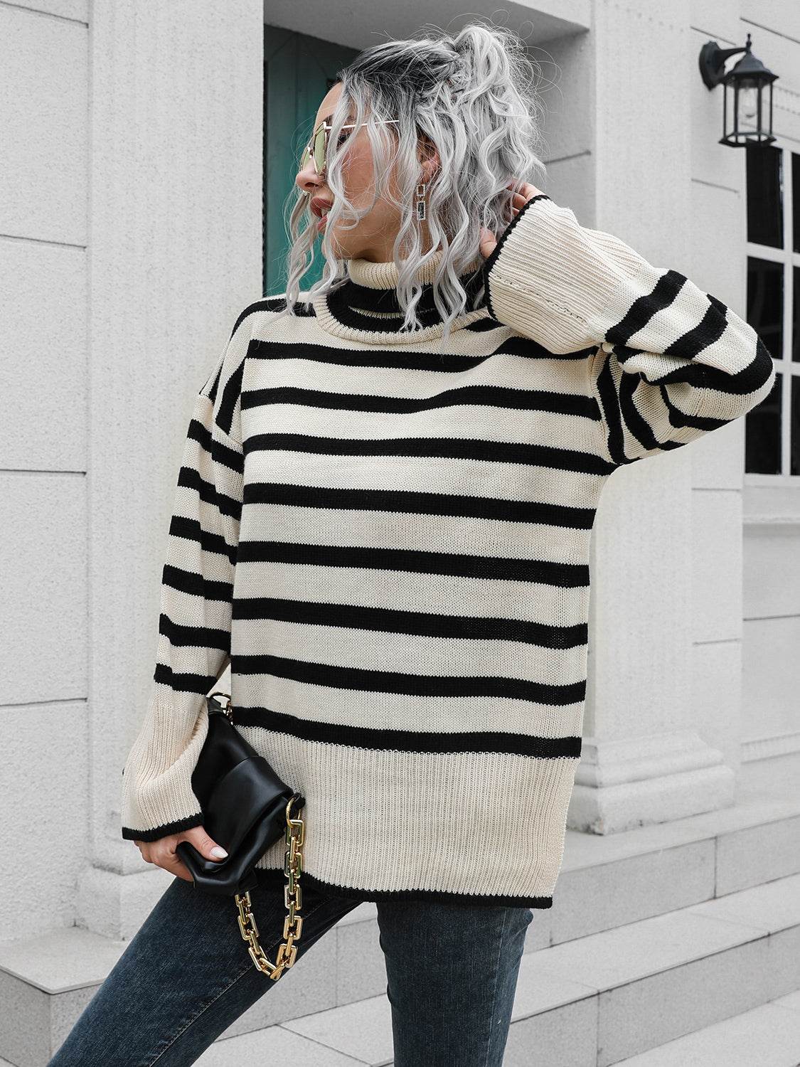 Striped Slit Turtleneck Drop Shoulder Sweater for a perfect OOTD – dress to impress outfits from Amexza