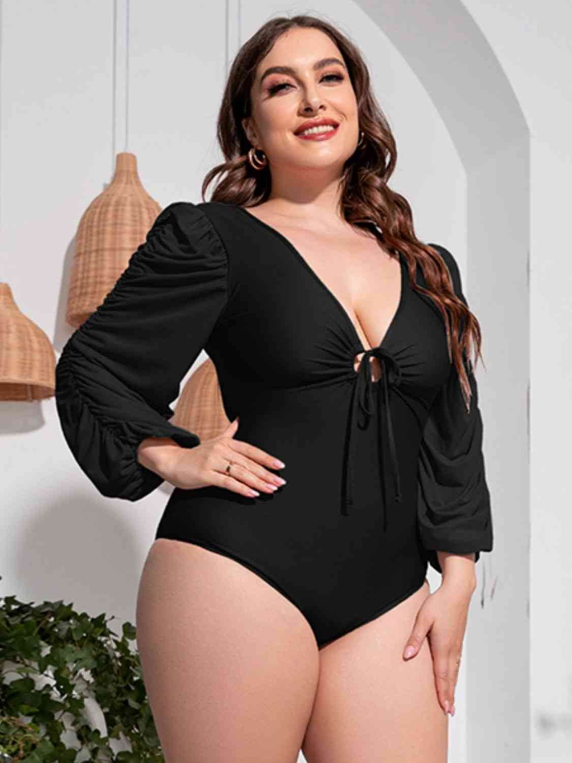 Plus Size Tied Deep V Balloon Sleeve One-Piece Swimsuit Black for a perfect OOTD – dress to impress outfits from Amexza