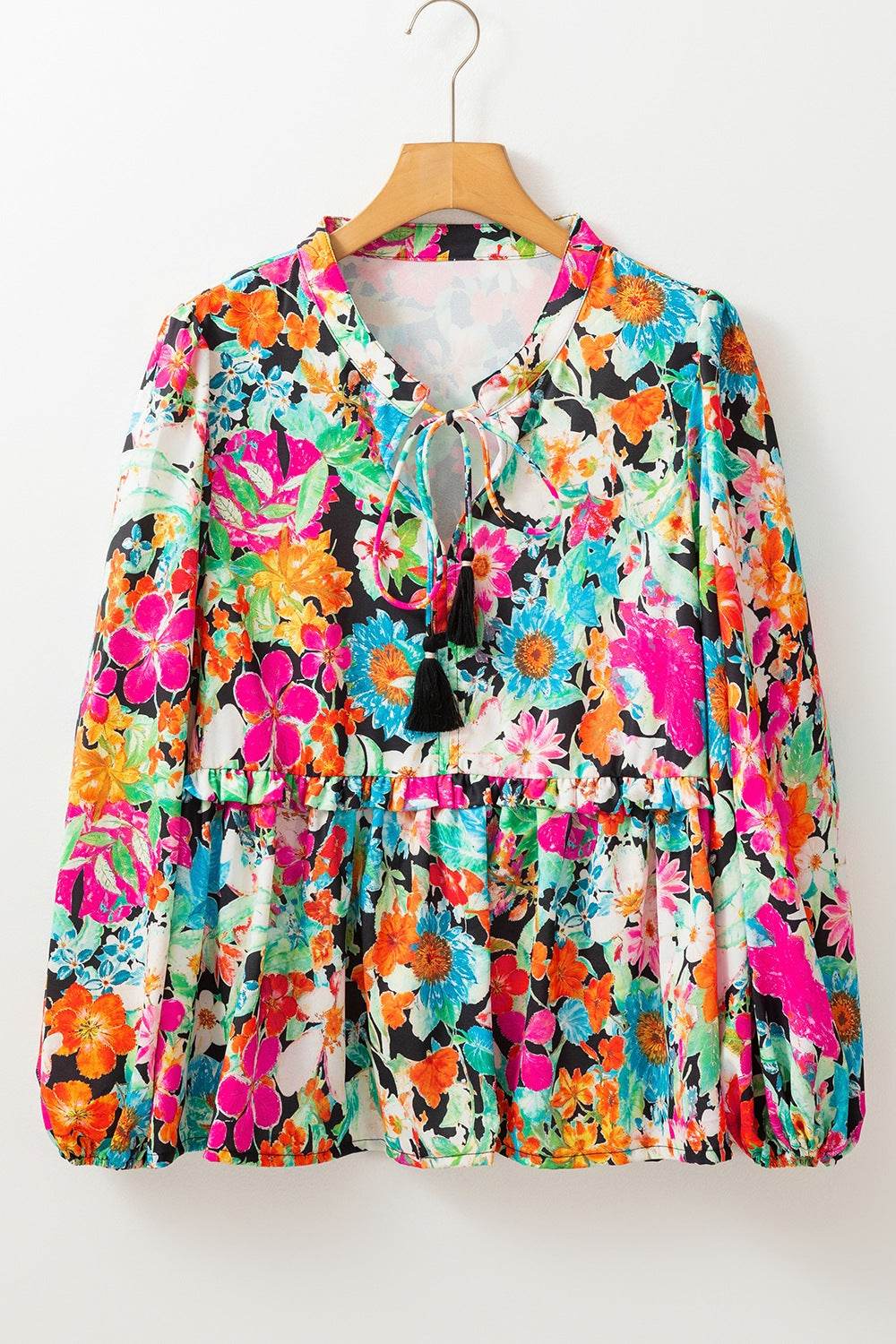 Floral Tie Neck Balloon Sleeve Blouse - Amexza