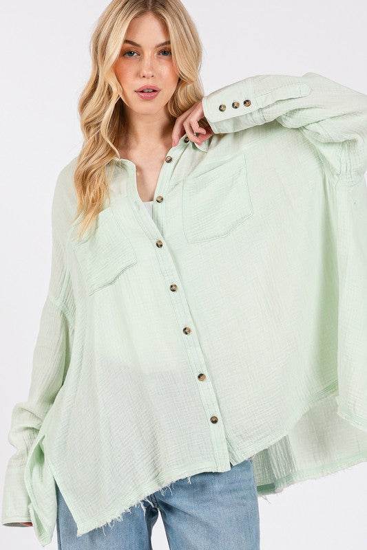 SAGE + FIG Frayed Hem Side Slit Button Down Shirt - Amexza