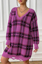 Plaid V-Neck Long Sleeve Sweater Dress Fuchsia One Size for a perfect OOTD – dress to impress outfits from Amexza