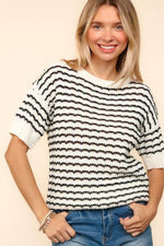 Haptics Openwork Striped Round Neck Half Sleeve Knit Top for a perfect OOTD – dress to impress outfits from Amexza