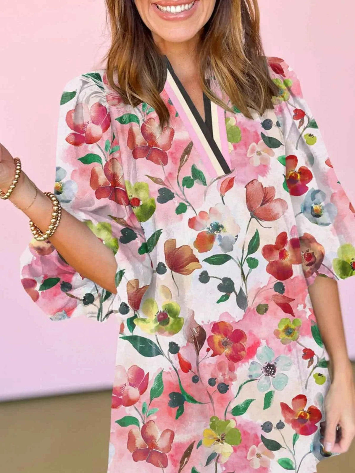 Floral Print Notched Tunic Dress