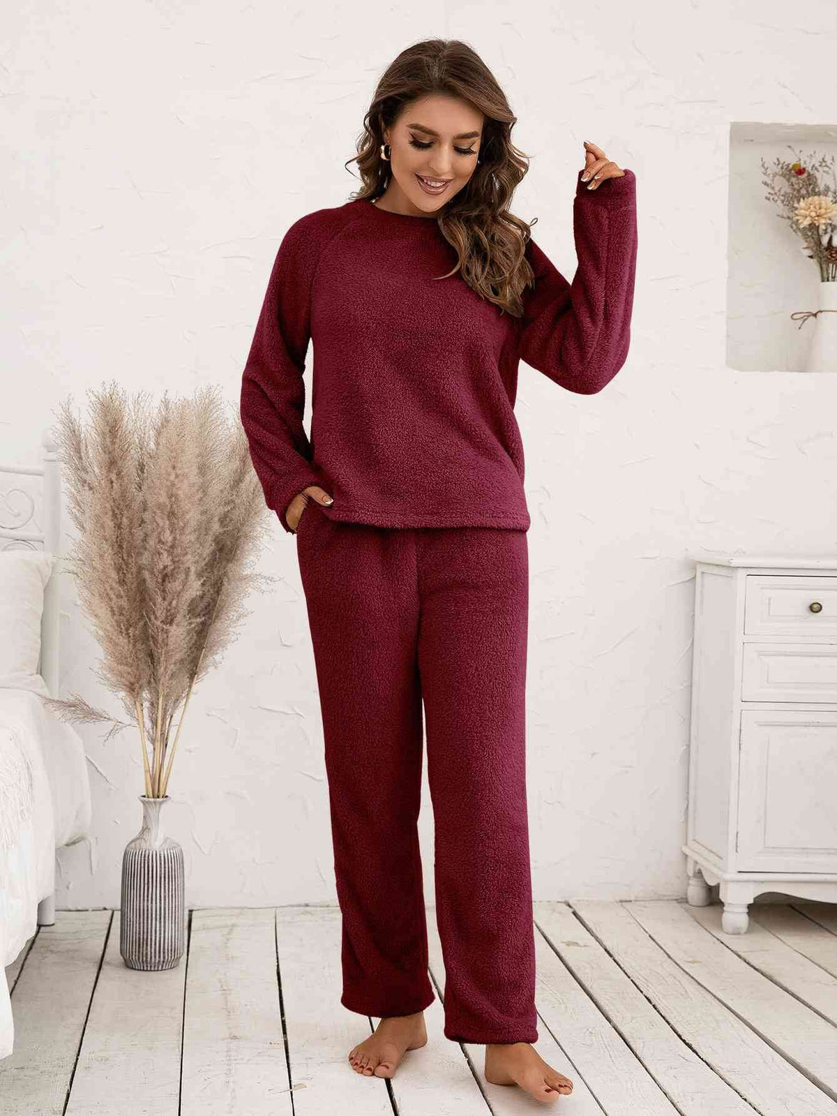 Ivy Lane Teddy Long Sleeve Top and Pants Lounge Set Burgundy for a perfect OOTD – dress to impress outfits from Amexza