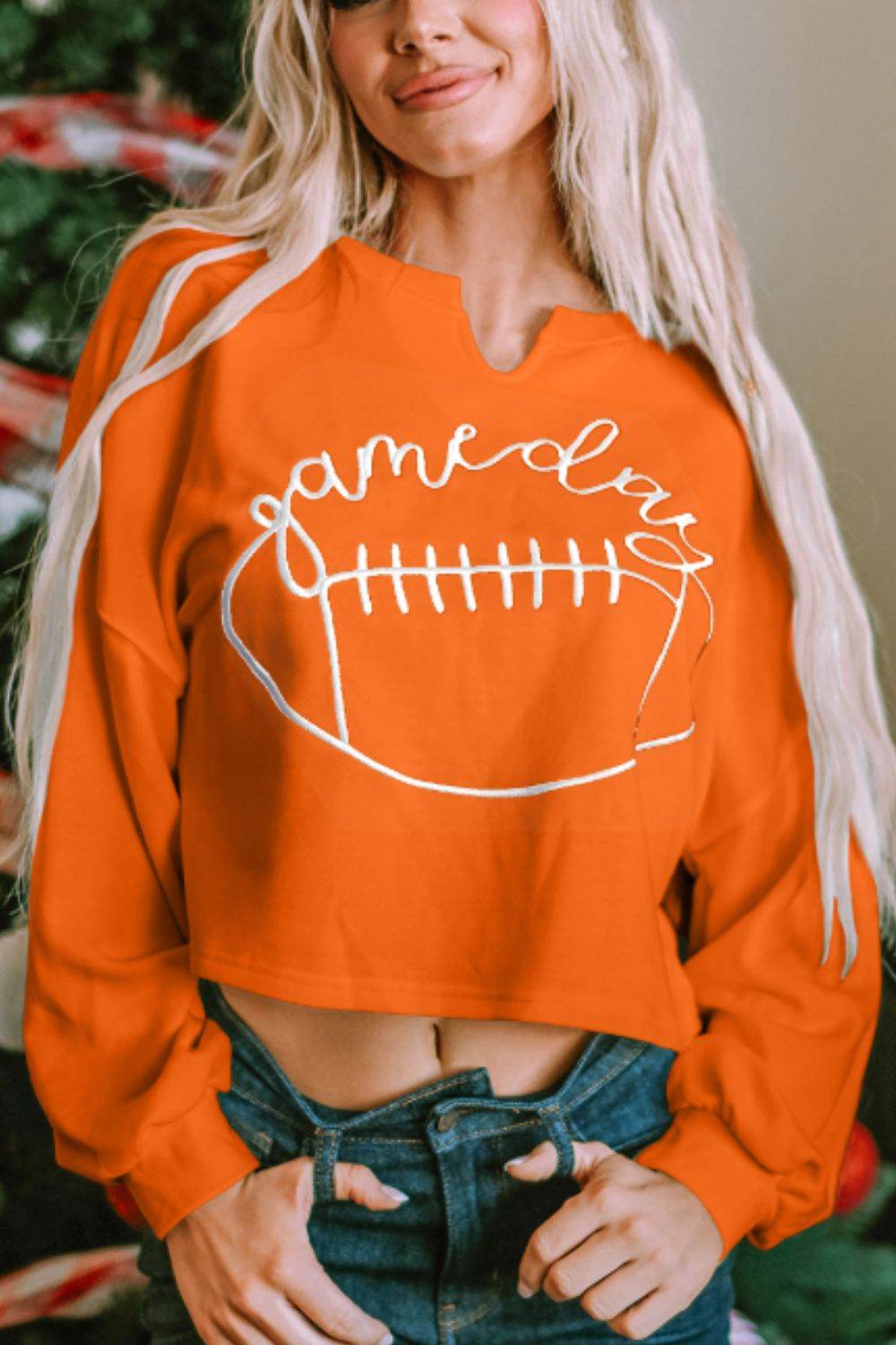 GAME DAY Football Notched Long Sleeve Sweatshirt for a perfect OOTD – dress to impress outfits from Amexza