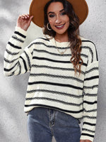 Striped Round Neck Dropped Shoulder Sweater for a perfect OOTD – dress to impress outfits from Amexza