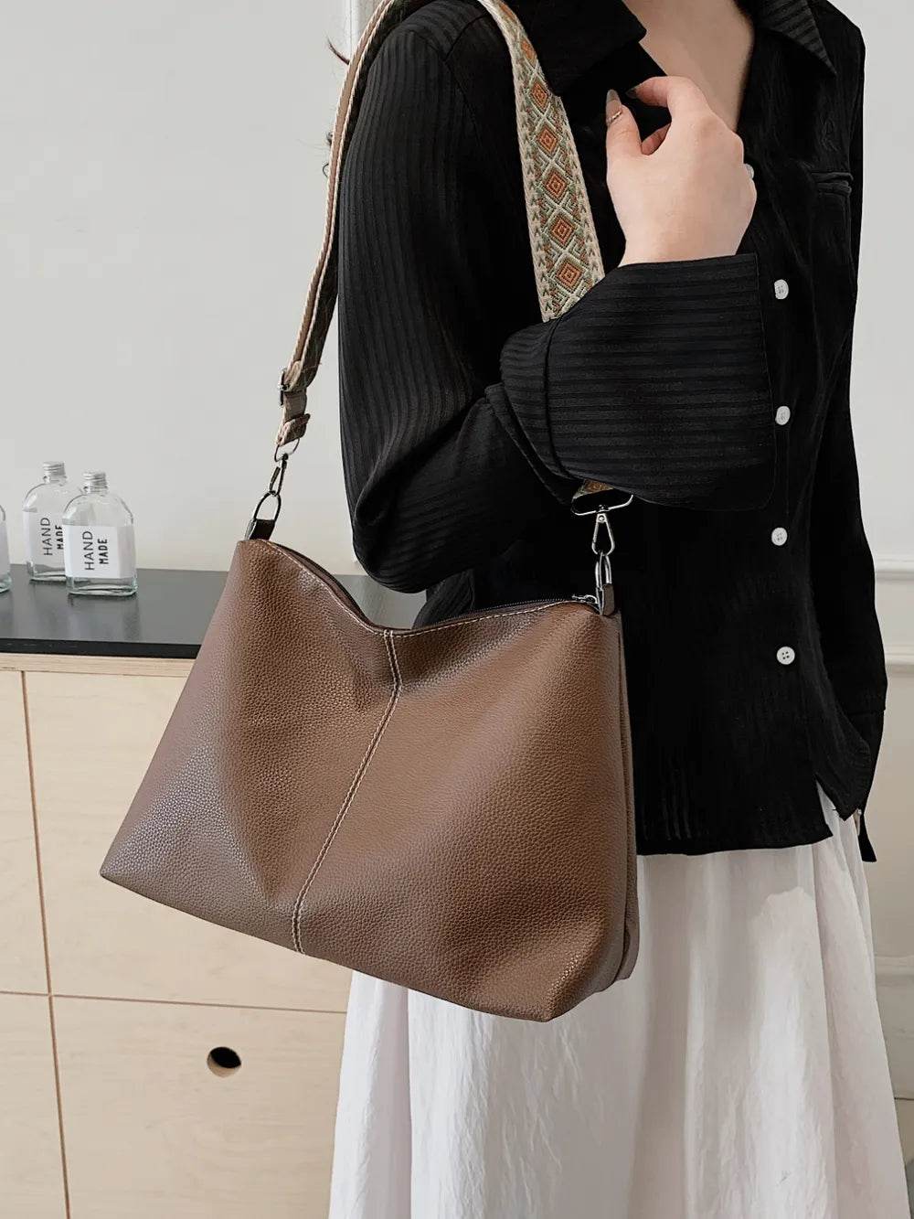 PU Leather Geometric Pattern Strap Shoulder Bag Brown One Size for a perfect OOTD – dress to impress outfits from Amexza