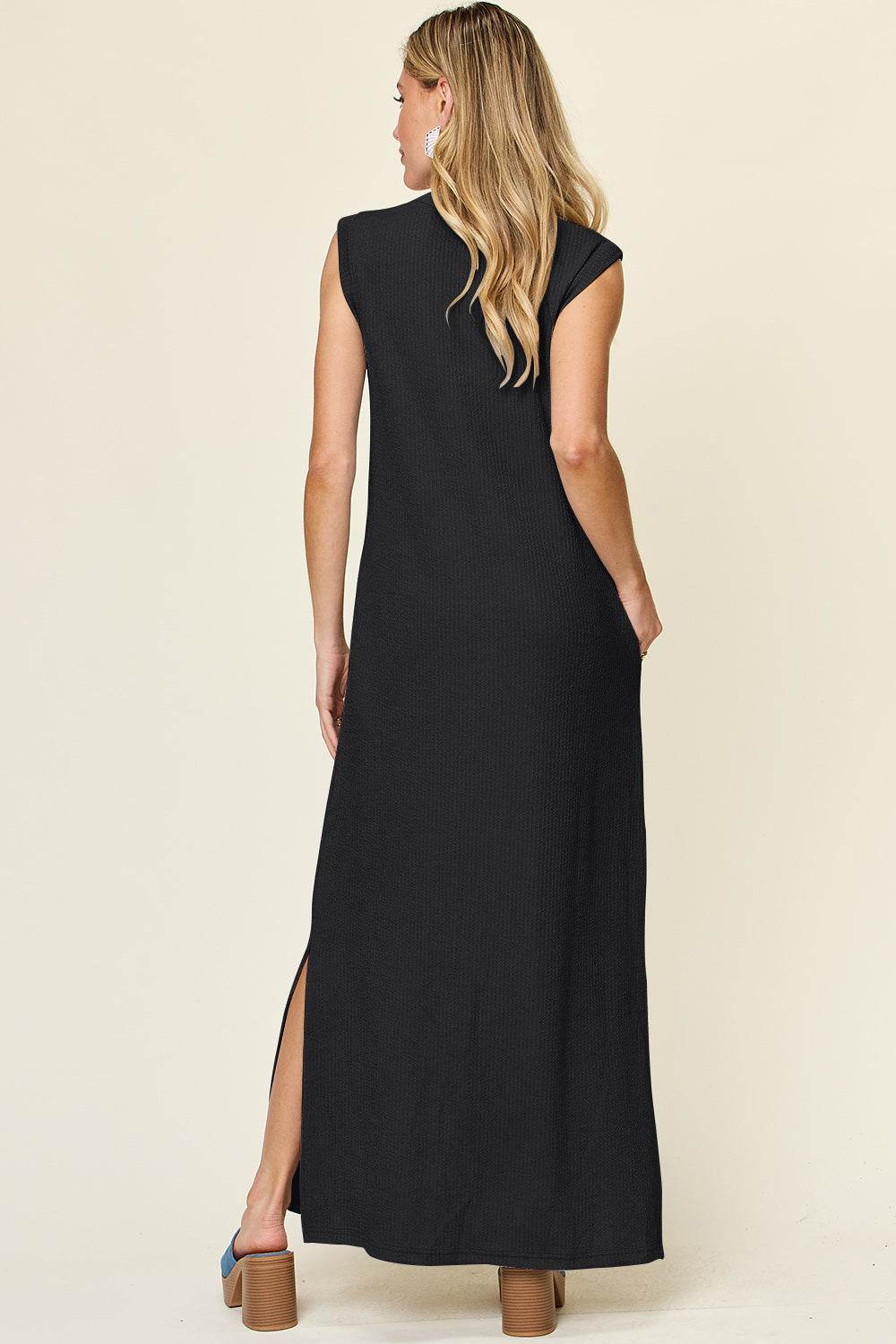 Double Take Full Size Texture Mock Neck Sleeveless Maxi Dress - Amexza