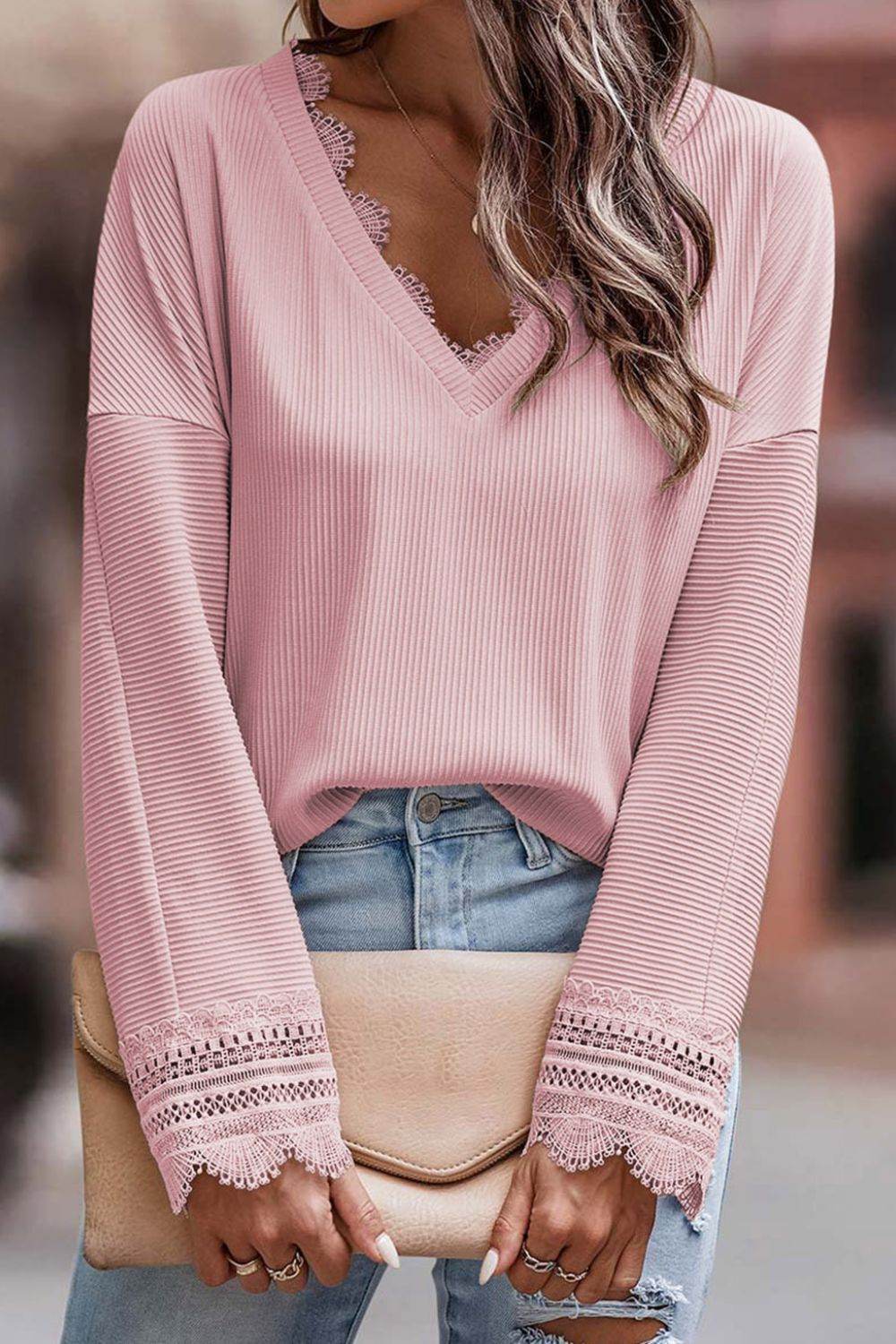 Lace Detail V-Neck Long Sleeve T-Shirt - Amexza