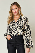 Double Take Full Size Printed Ruffle Trim Balloon Sleeve Shirt - Amexza