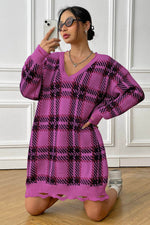 Plaid V-Neck Long Sleeve Sweater Dress for a perfect OOTD – dress to impress outfits from Amexza