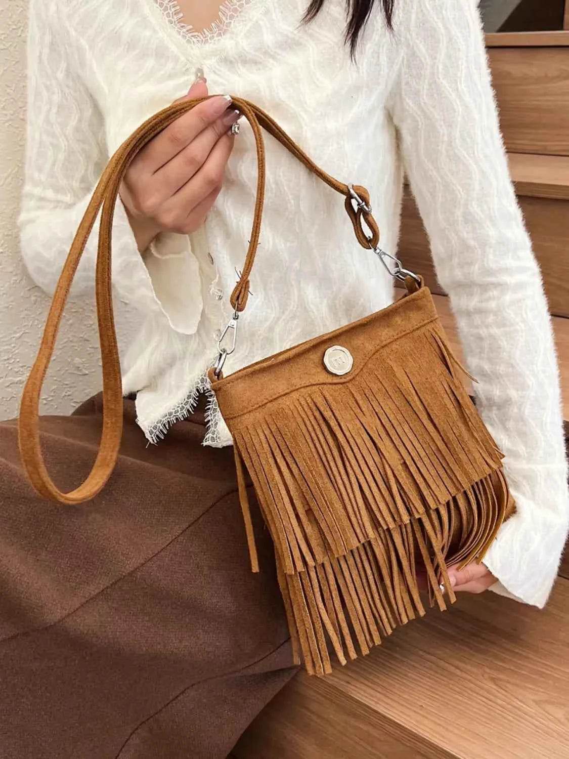 Fringe Adjustable Strap Crossbody Bag Caramel One Size for a perfect OOTD – dress to impress outfits from Amexza