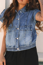 Button Up Cap Sleeve Denim Jacket - Amexza