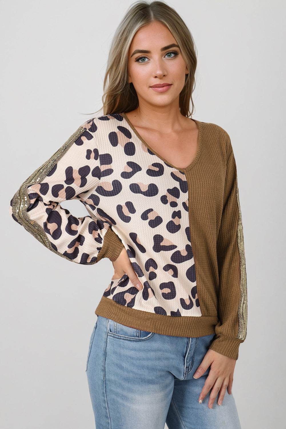 Leopard V-Neck Waffle-Knit Top - Amexza
