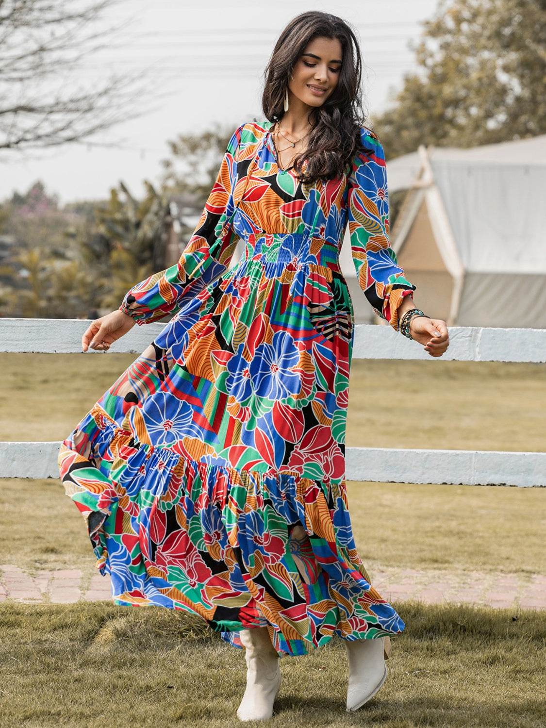 Printed Smocked Tie Neck Balloon Sleeve Maxi Dress - Amexza