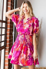 First Love Floral Short Sleeve Smocked Mini Dress Fuchsia Multi for a perfect OOTD – dress to impress outfits from Amexza