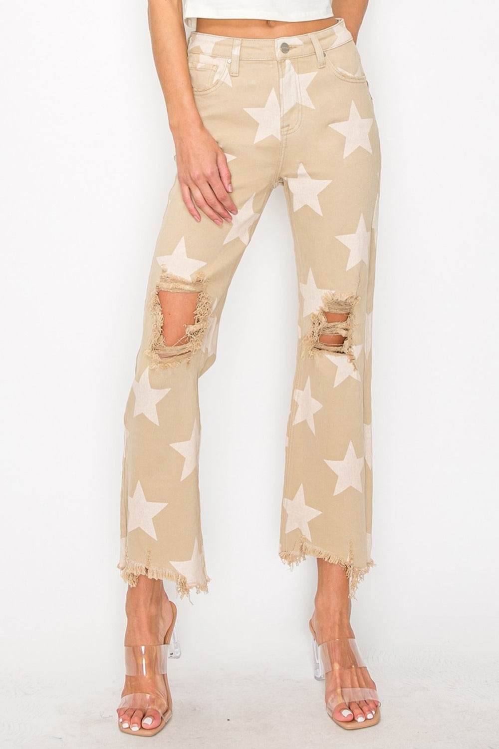 RISEN Full Size High Rise Star Printed Frayed Hem Jeans - Amexza
