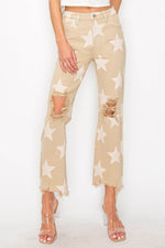 RISEN Full Size High Rise Star Printed Frayed Hem Jeans - Amexza