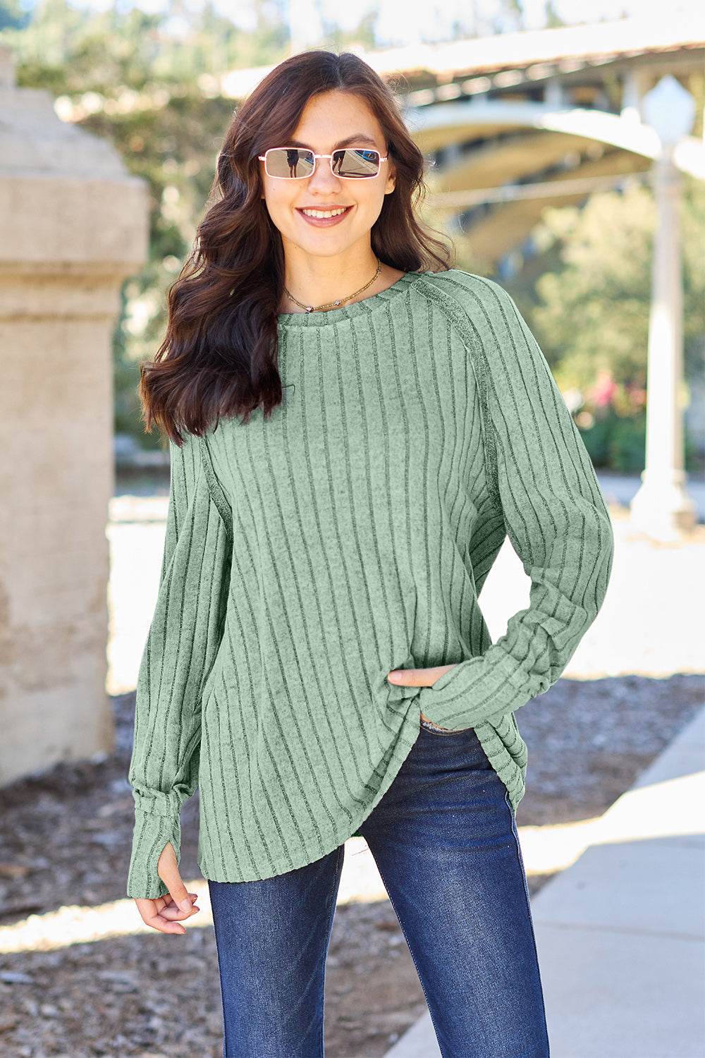 Basic Bae Full Size Ribbed Round Neck Long Sleeve Knit Top Light Green for a perfect OOTD – dress to impress outfits from Amexza