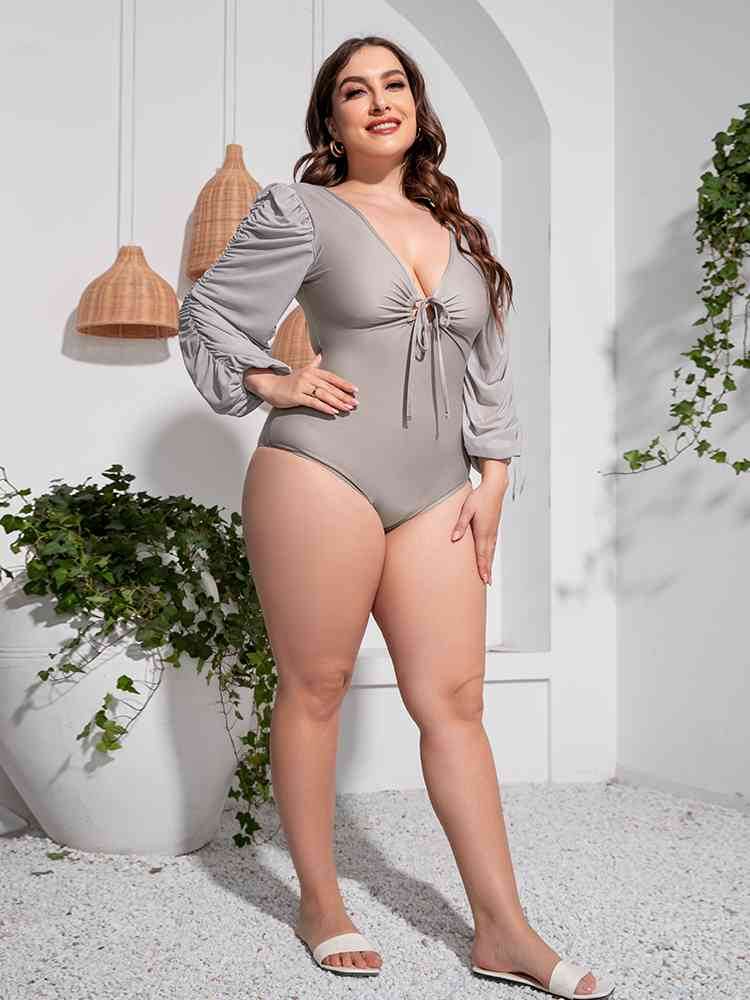 Plus Size Tied Deep V Balloon Sleeve One-Piece Swimsuit for a perfect OOTD – dress to impress outfits from Amexza