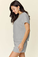 Double Take Full Size Texture Short Sleeve T-Shirt and Drawstring Shorts Set for a perfect OOTD – dress to impress outfits from Amexza