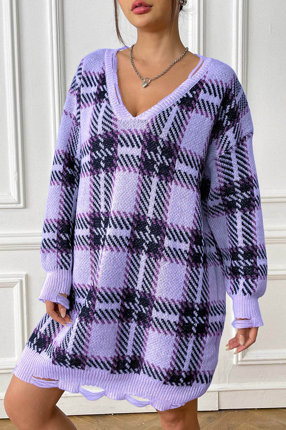 Plaid V-Neck Long Sleeve Sweater Dress Light Indigo One Size for a perfect OOTD – dress to impress outfits from Amexza