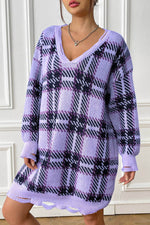 Plaid V-Neck Long Sleeve Sweater Dress Light Indigo One Size for a perfect OOTD – dress to impress outfits from Amexza