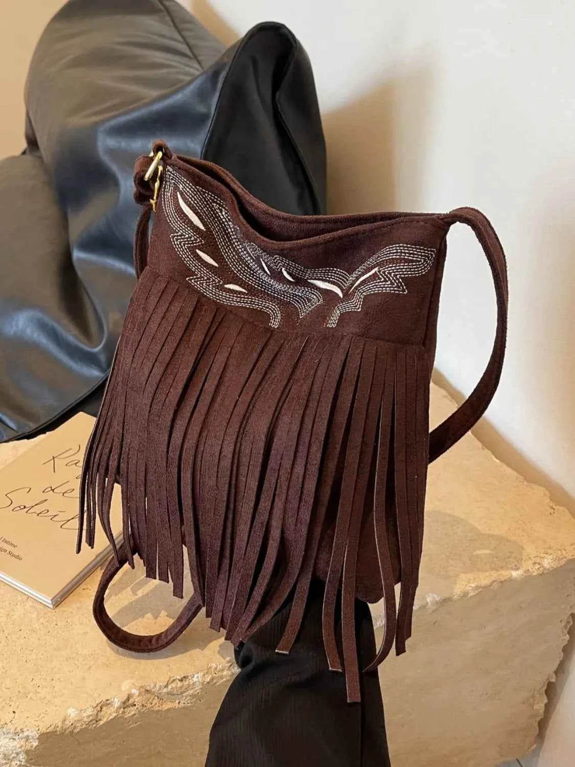 Fringe Solid Color Shoulder Bag Chocolate One Size for a perfect OOTD – dress to impress outfits from Amexza